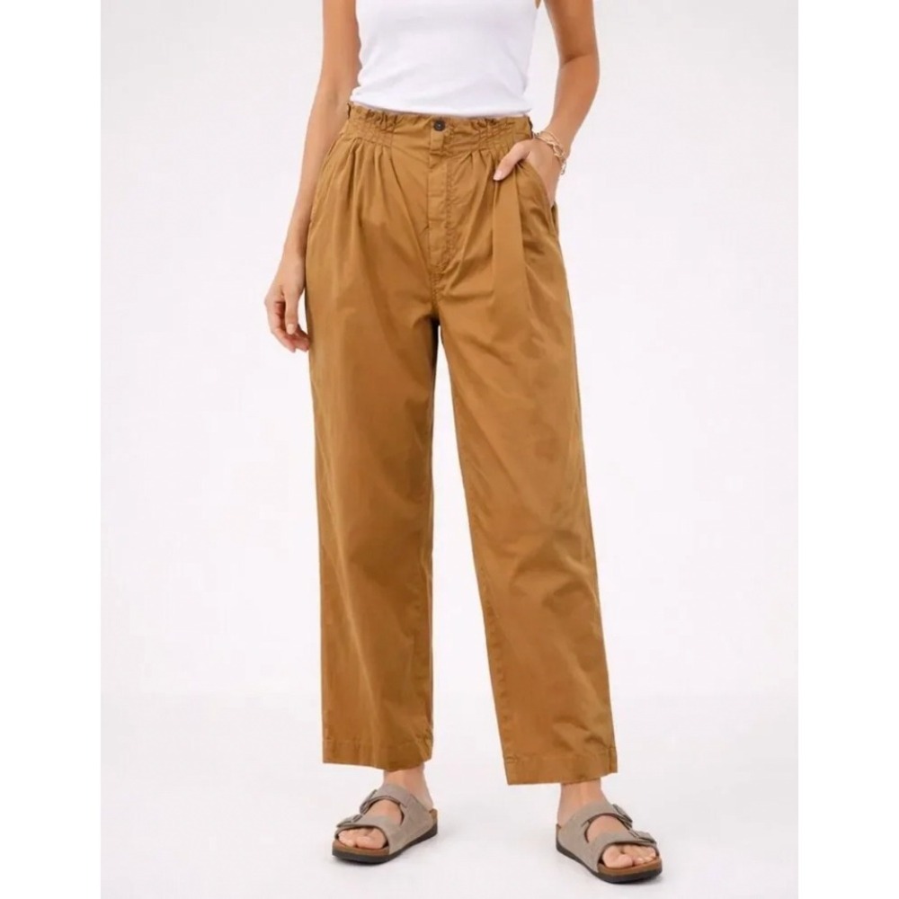 NEW Free People Pleated Taper Cotton Twill Trousers Mustard Tan Cotton Pants 14
